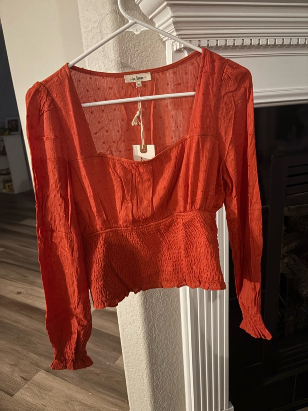 In Bloom Orange Long-Sleeve Smocked Peplum Blouse